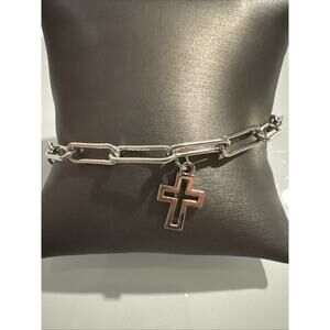 Link Chain Cross Charm Bracelet Silver-Tone Paper Clip Chain Stylish Adjustable
